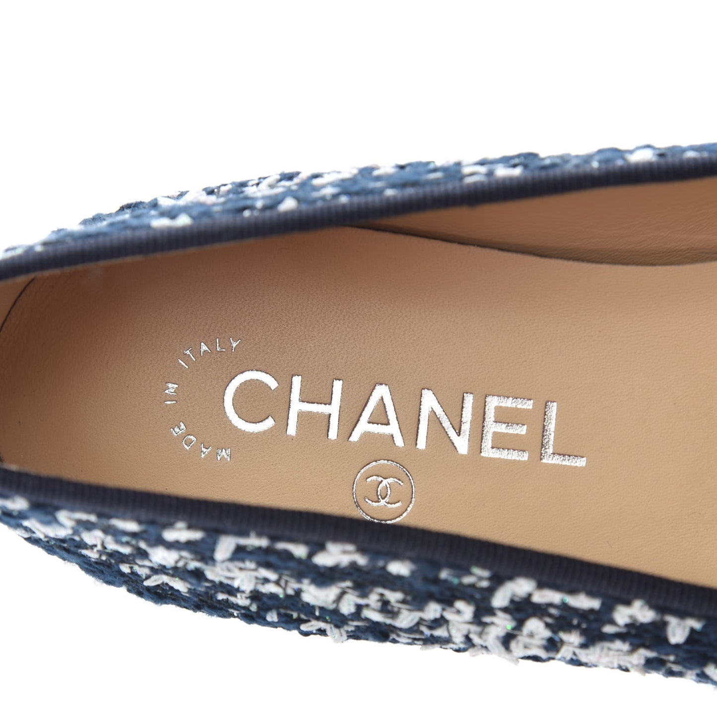 Tweed Grosgrain Cap Toe Ballerina Flats 38.5 Navy Blue White Black