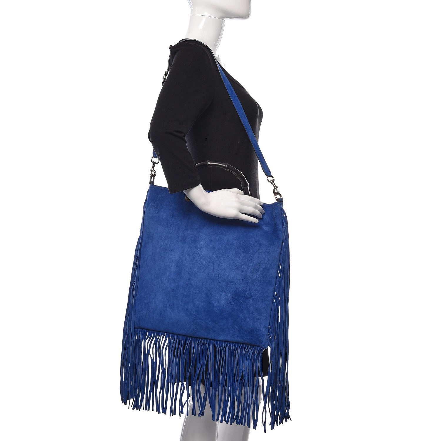 Gucci Suede Bamboo Fringe Small Shopper Tote Blue 2 of 10