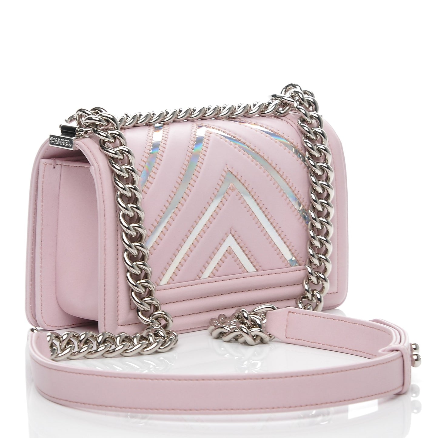 Lambskin Iridescent PVC Chevron Quilted Small Boy Flap Light Pink Silver
