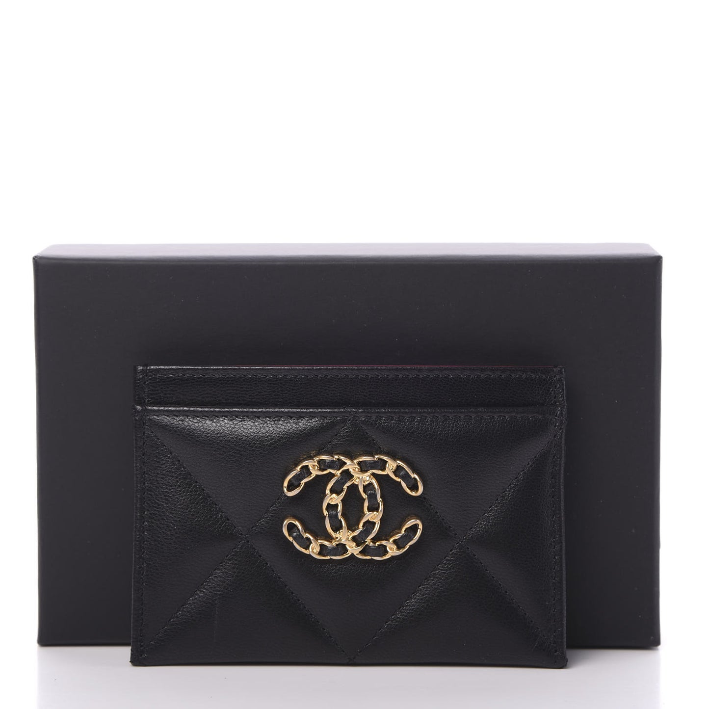 Shiny Goatskin Quilted Chanel 19 Card Holder Black