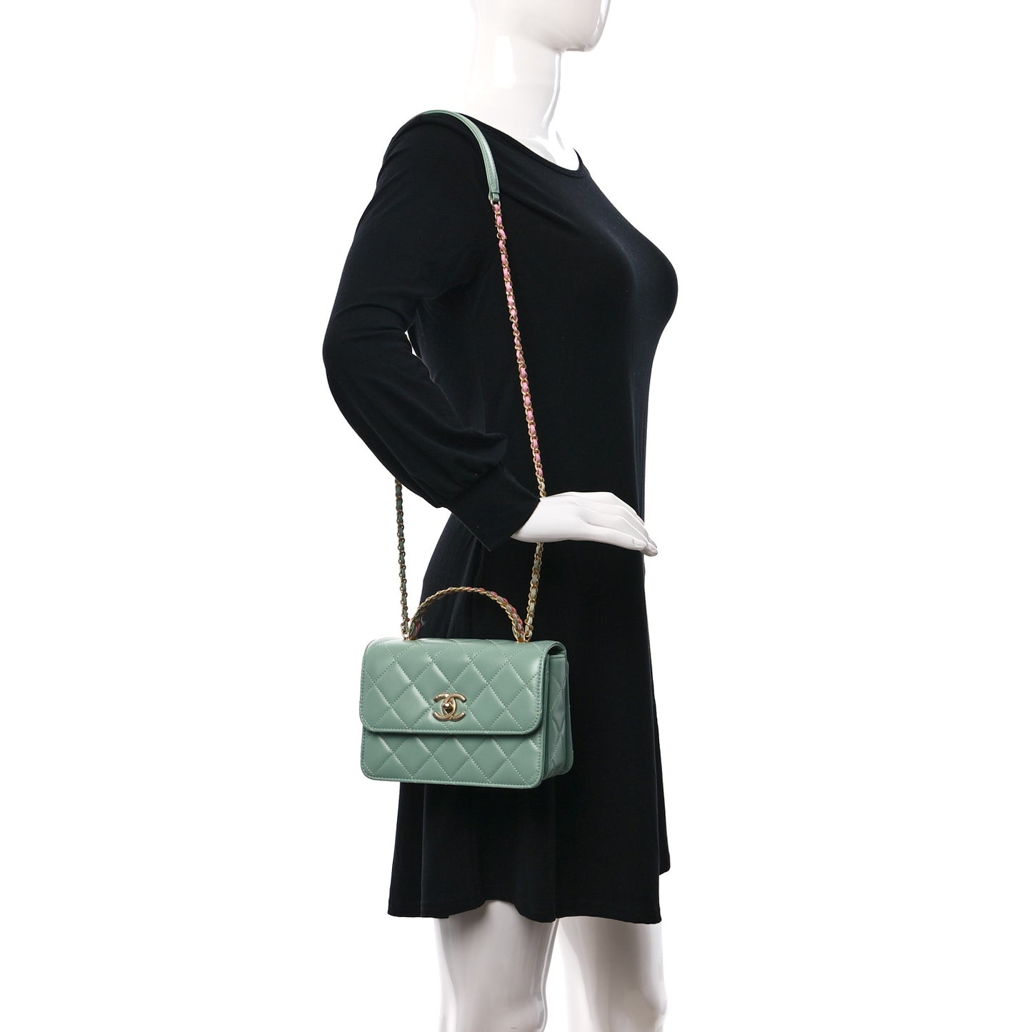 Shiny Calfskin Quilted Mini Metal Top Handle Flap Light Green