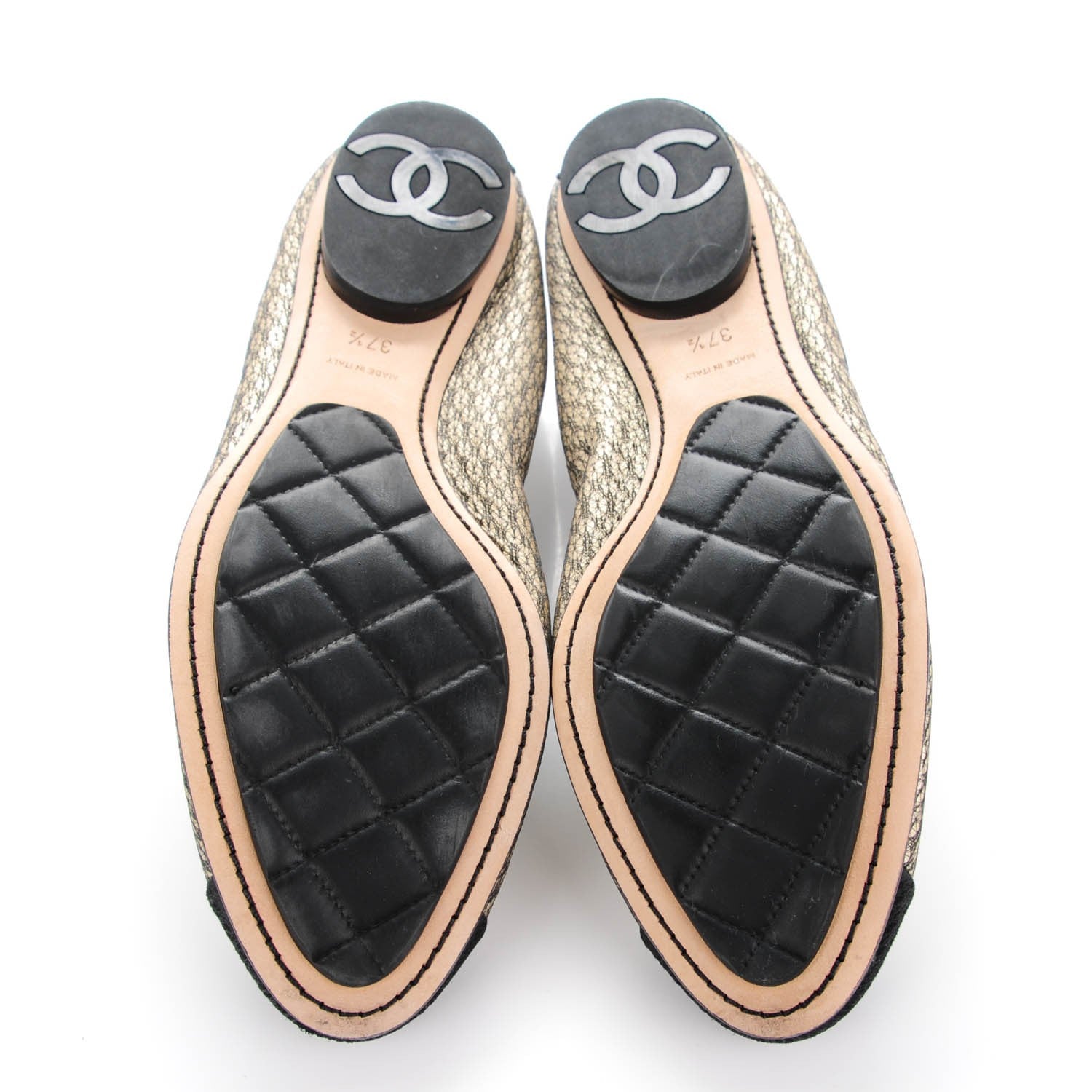 Chanel Metallic Lace Cap Toe Ballerina Flats 37.5 Black Gold 5 of 9