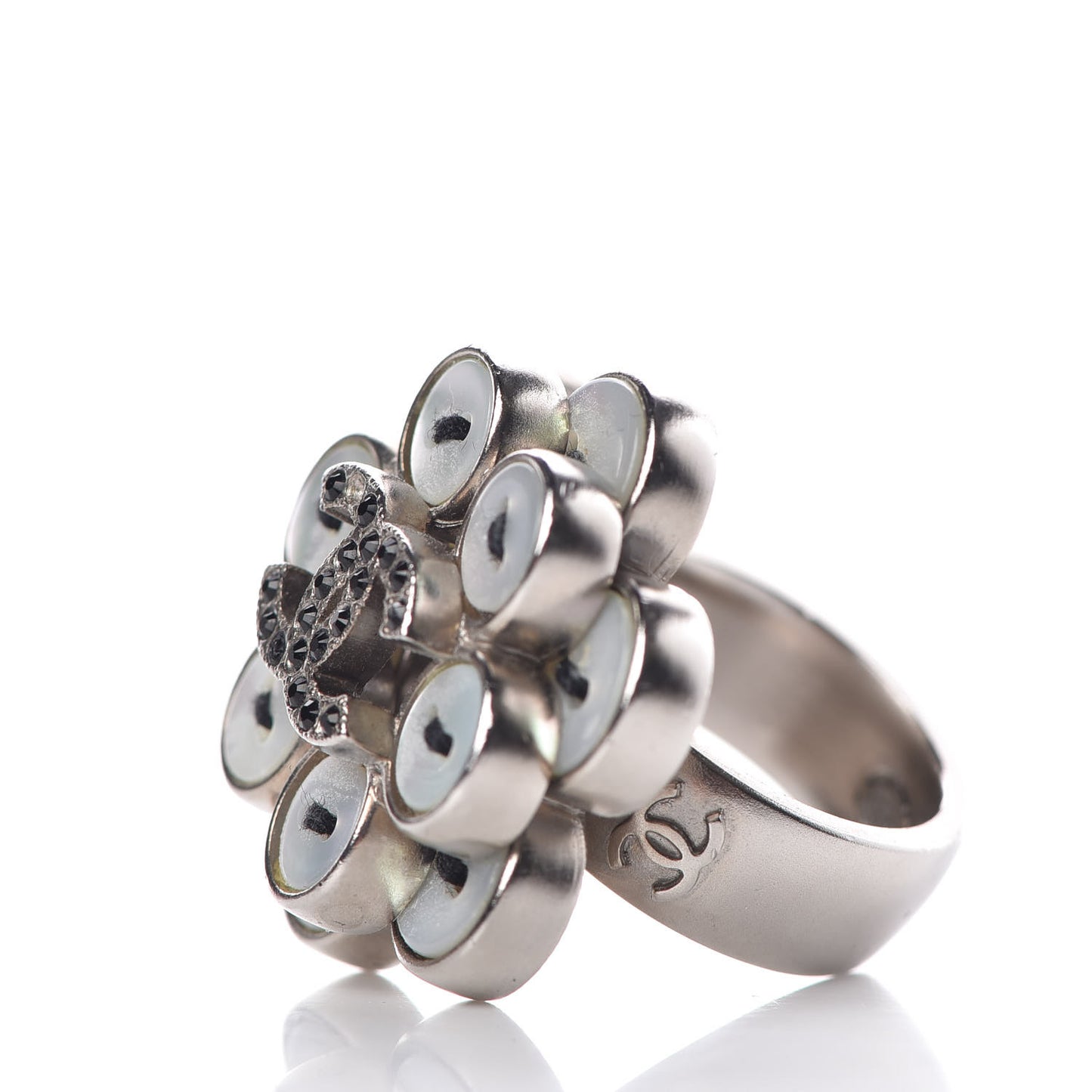 Crystal CC Button Ring 6 White