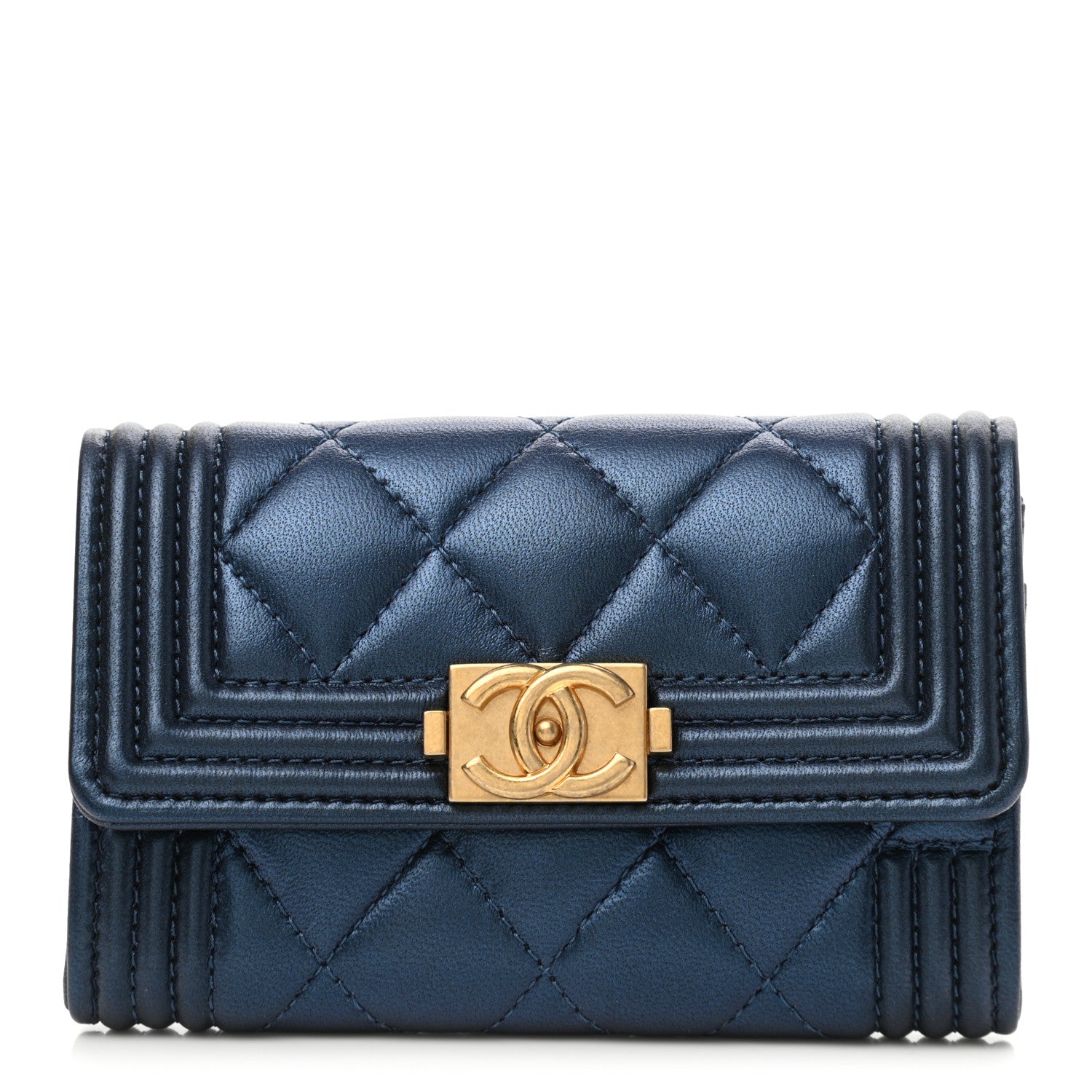 Chanel Metallic Lambskin Quilted Boy Flap Card Holder Blue 1 of 9