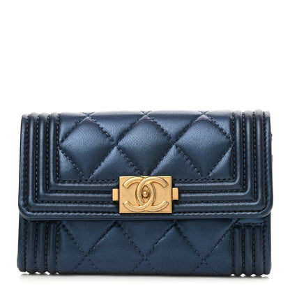 Chanel Metallic Lambskin Quilted Boy Flap Card Holder Blue 1 of 9