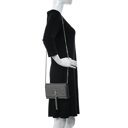 Saint Laurent Metallic Crackled Calfskin Kate Monogram Tassel Chain Wallet Antracite Black 2 of 16