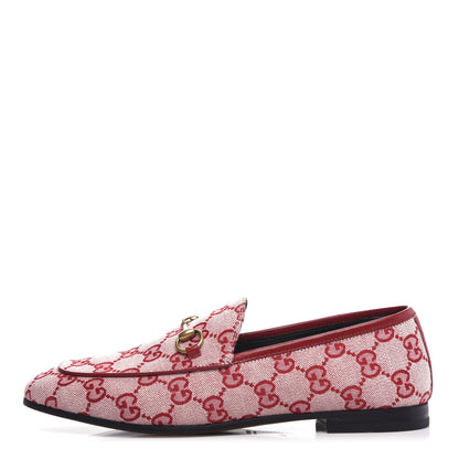 Gucci Canvas GG Monogram Horsebit Womens Jordaan Loafers 38 Gardenia Hibiscus Red 1 of 12