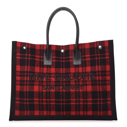 Saint Laurent Wool Tartan Rive Gauche Tote Red Black 1 of 10