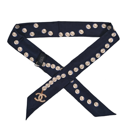 Chanel Silk Pearl CC Slim Bandeau Scarf Dark Navy 1 of 4