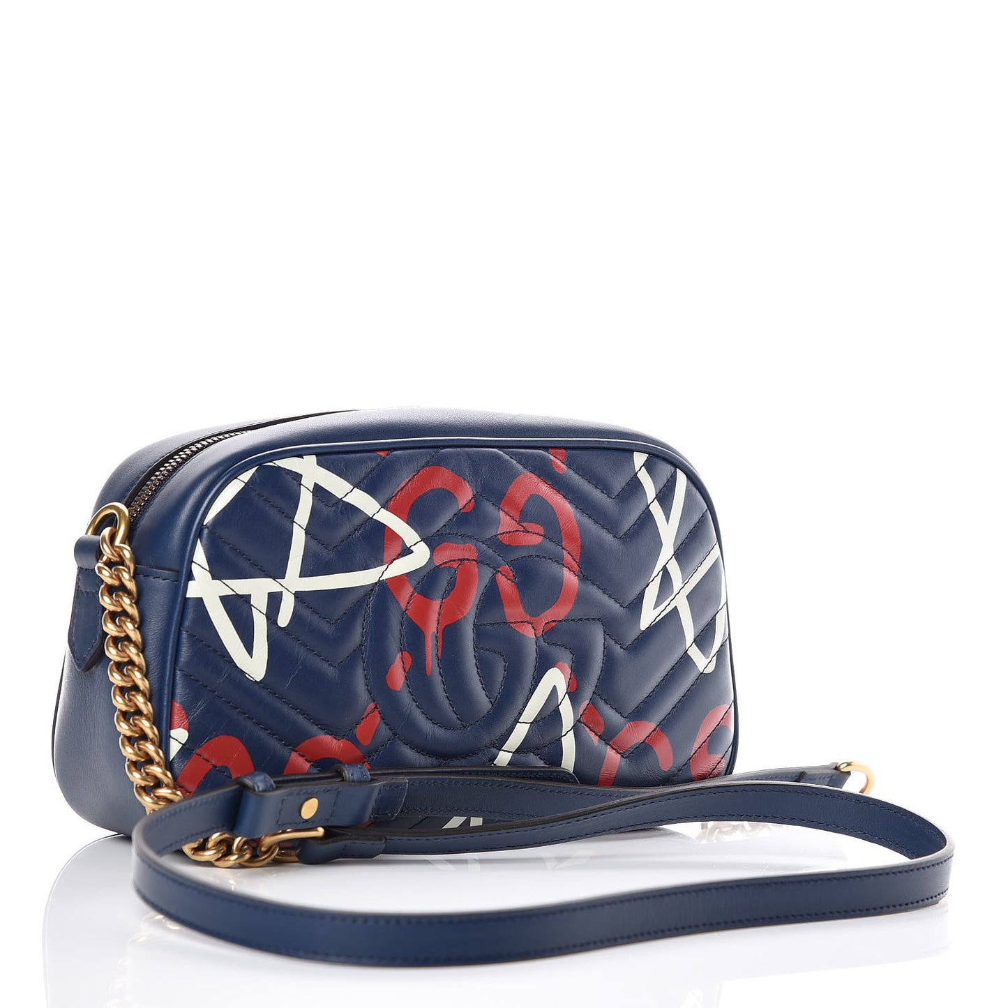 Calfskin Matelasse GucciGhost Small GG Marmont Chain Shoulder Bag Blue Agata Hibiscus Red