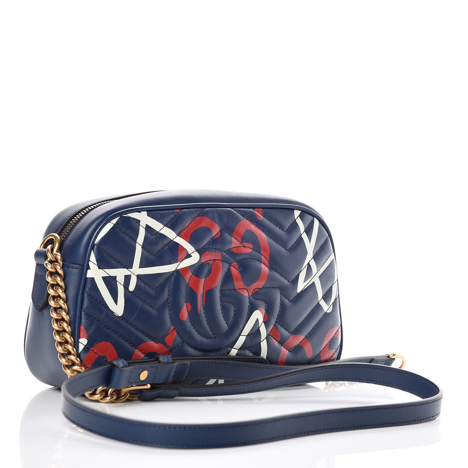 Gucci Calfskin Matelasse GucciGhost Small GG Marmont Chain Shoulder Bag Blue Agata Hibiscus Red 3 of 10