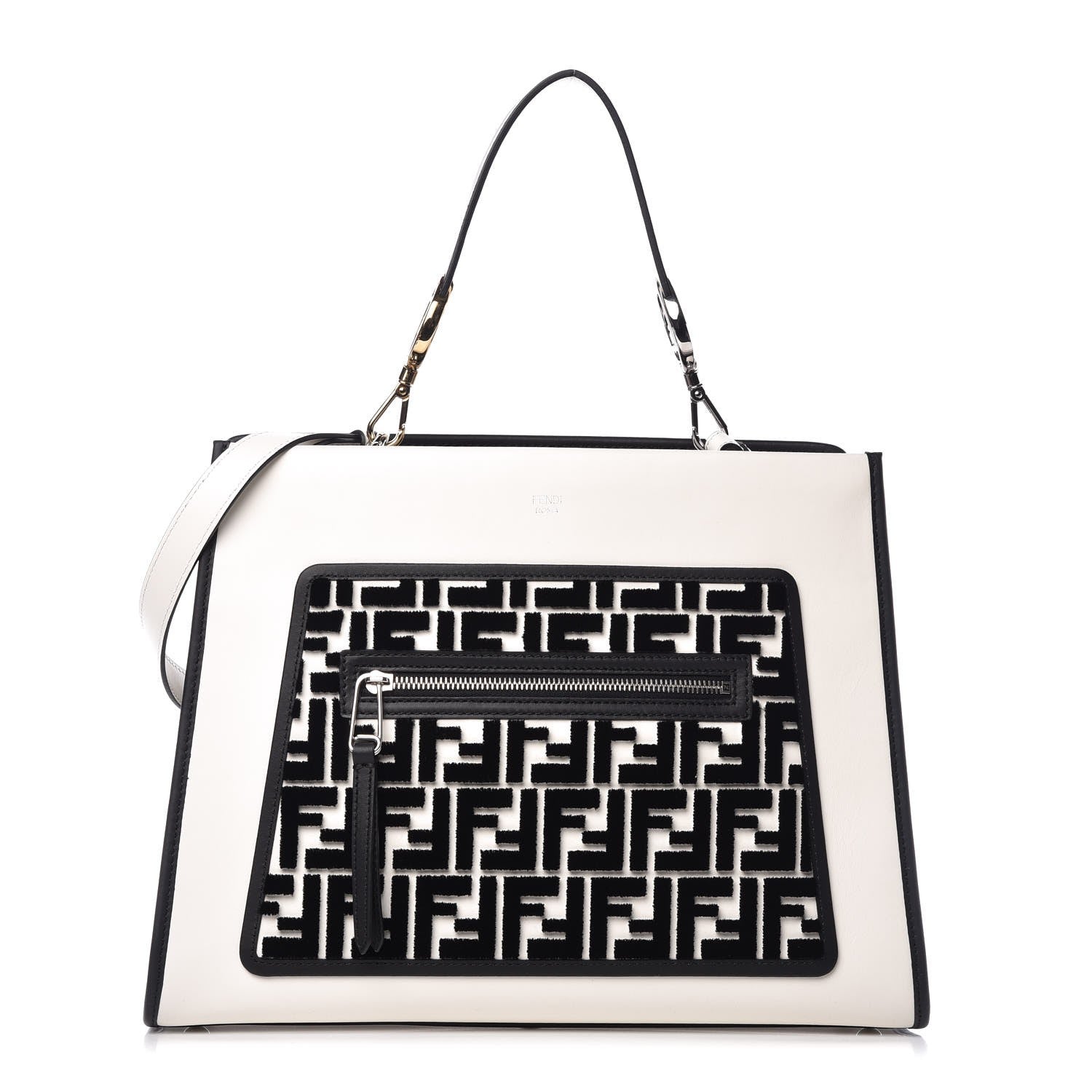 Fendi Vitello Century Velvet F is Fendi FF Embroidered Regular Runaway Satchel White Black 1 of 9