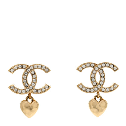 Chanel Metal Crystal CC Heart Drop Earrings Gold 1 of 5