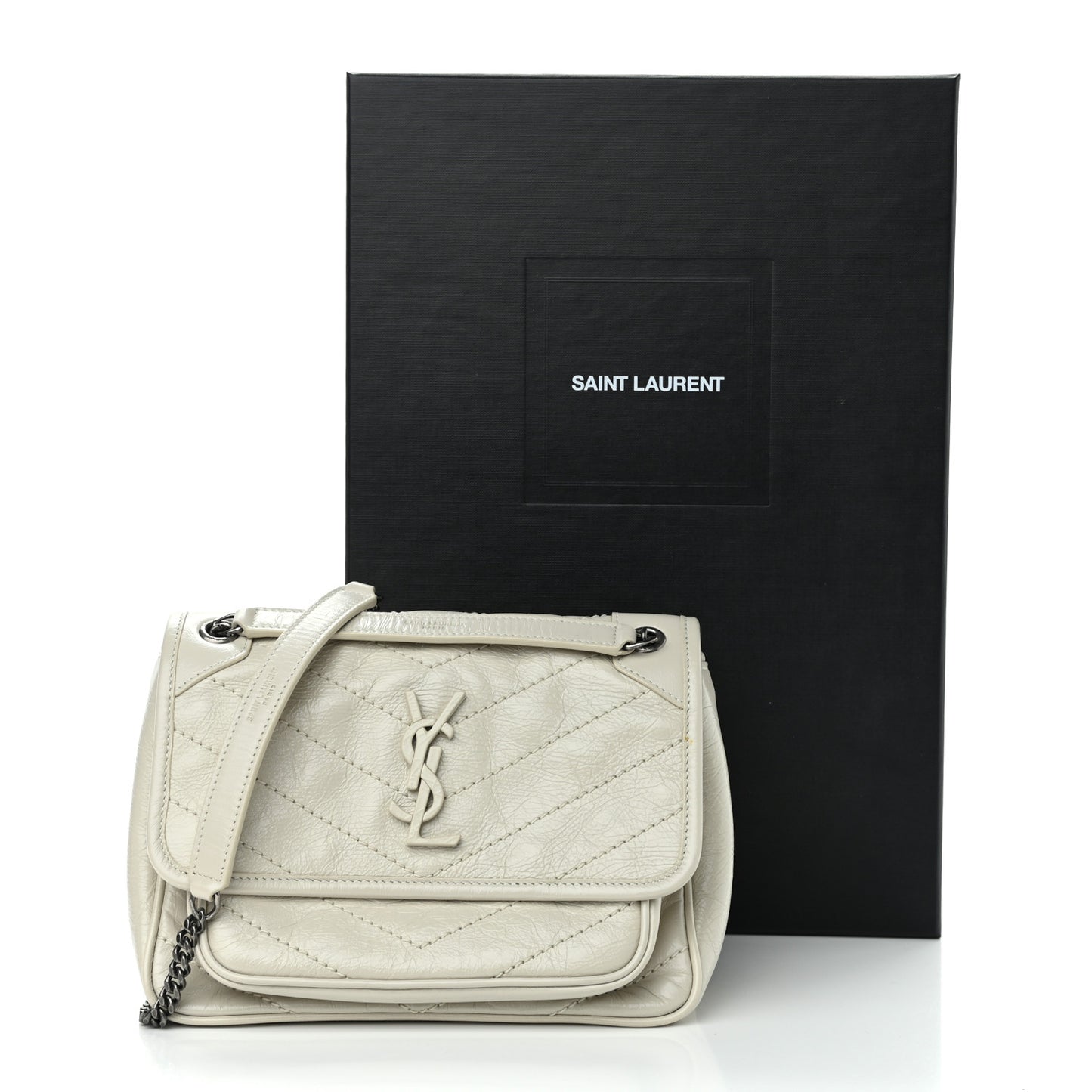 Crinkled Calfskin Matelasse Monogram Baby Niki Chain Satchel Ivory