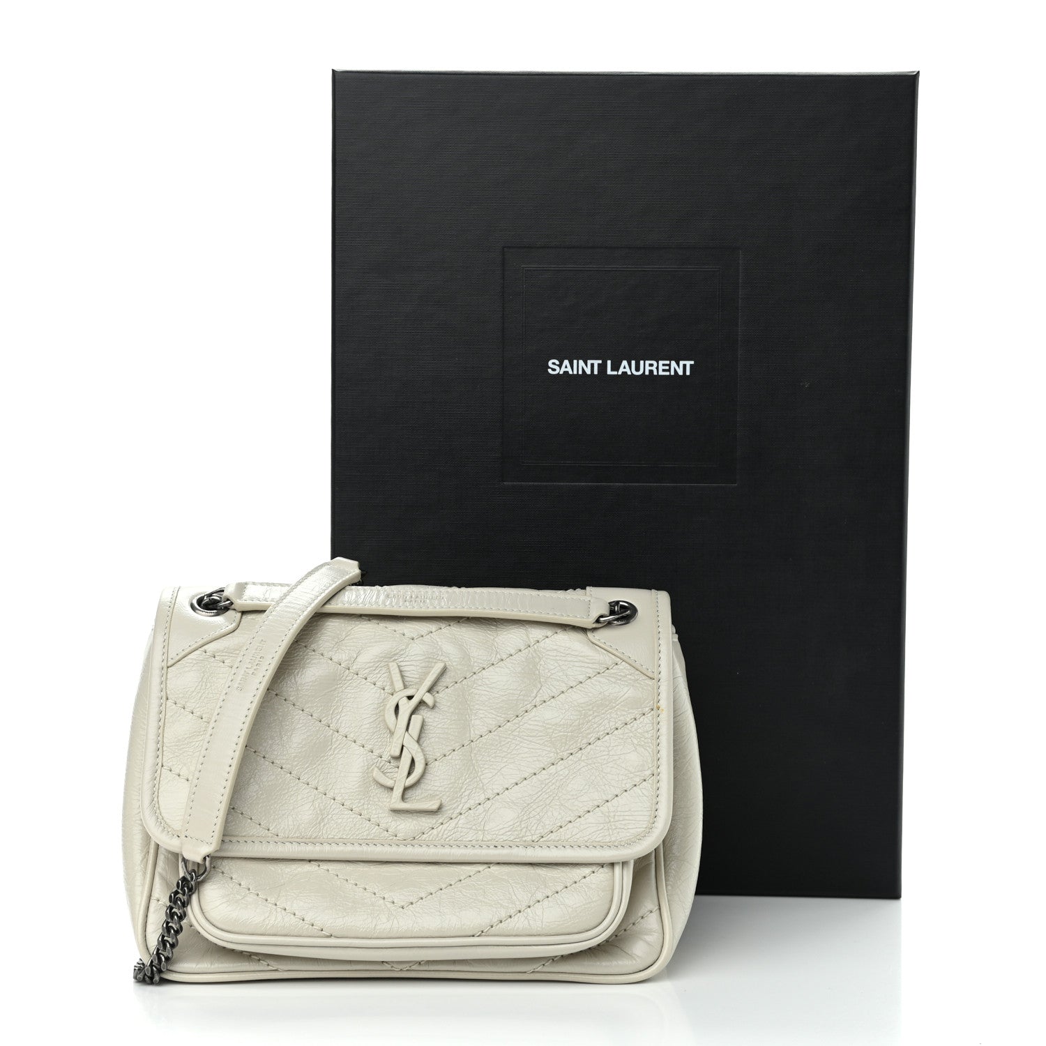 Saint Laurent Crinkled Calfskin Matelasse Monogram Baby Niki Chain Satchel Ivory 11 of 11