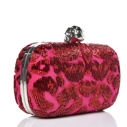 Alexander McQueen Satin Beaded Leopard Skull Box Clutch Red Pink 3 of 10