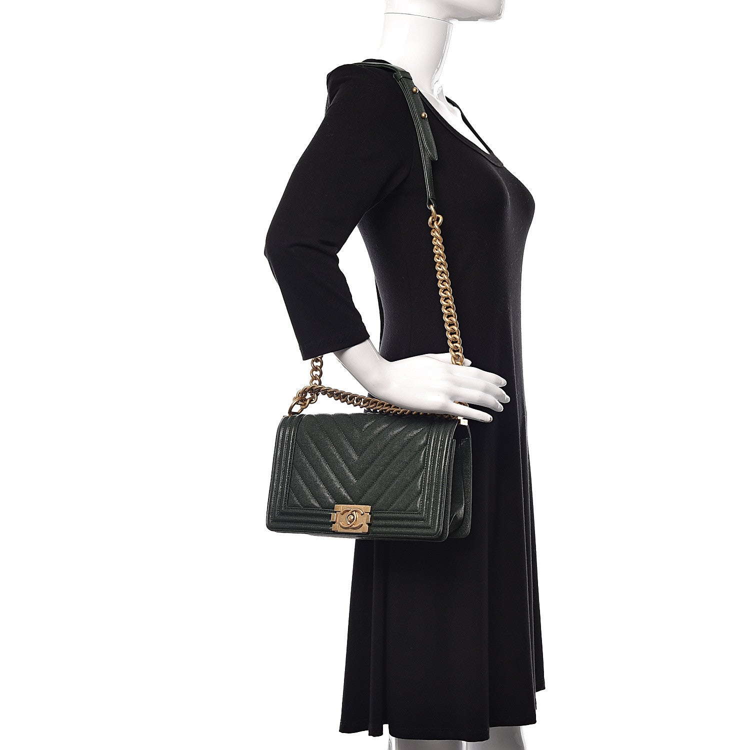 Chanel Caviar Chevron Quilted Medium Boy Flap Dark Green 2 of 10