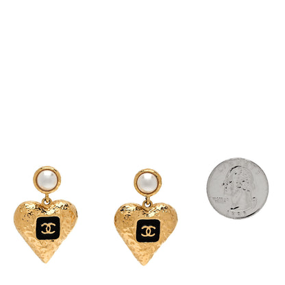 Chanel Metal Pearl Resin CC Heart Drop Earrings Gold Black 2 of 5