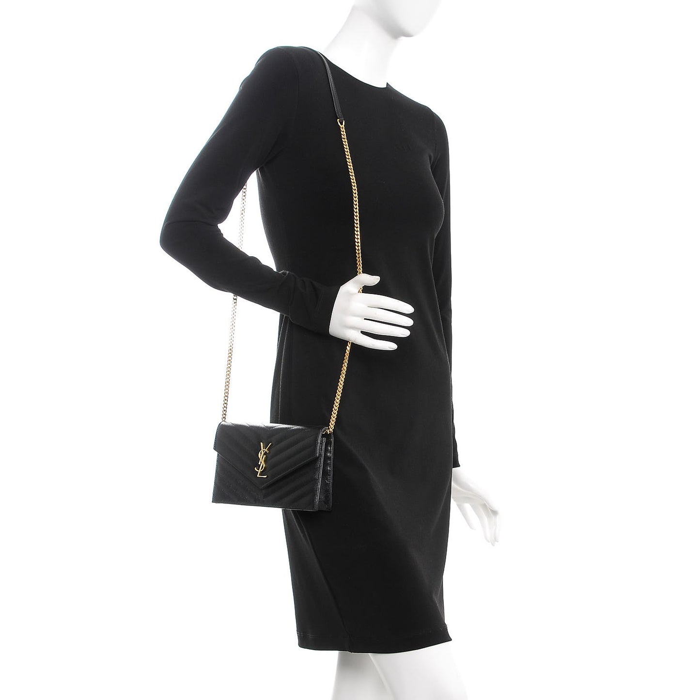 Grain De Poudre Matelasse Chevron Monogram Envelope Chain Wallet Black