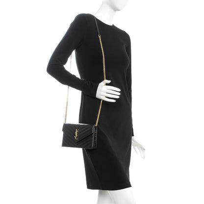 Saint Laurent Grain De Poudre Matelasse Chevron Monogram Envelope Chain Wallet Black 2 of 8