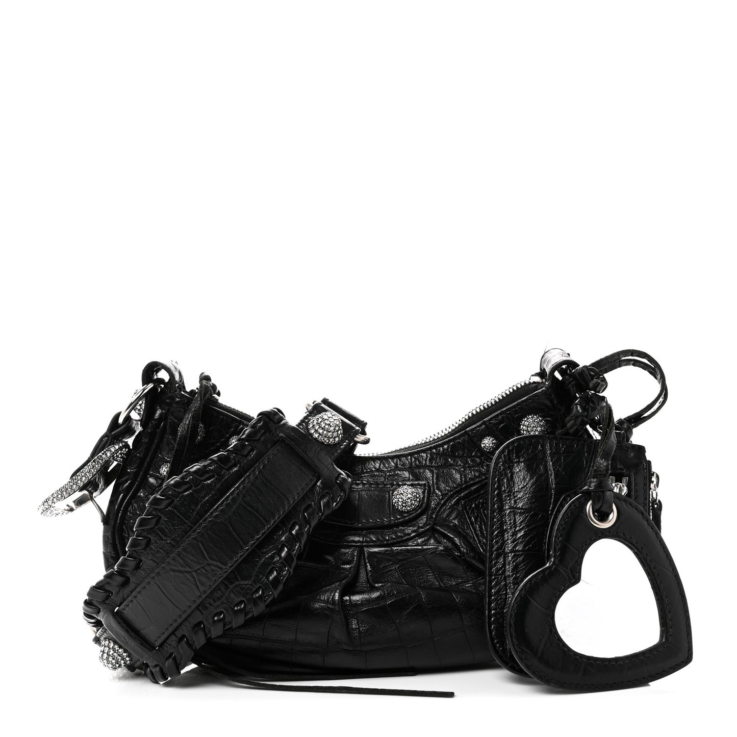 Extra Supple Calfskin Crystal Crocodile Embossed Le Cagole Shoulder Bag XS Black
