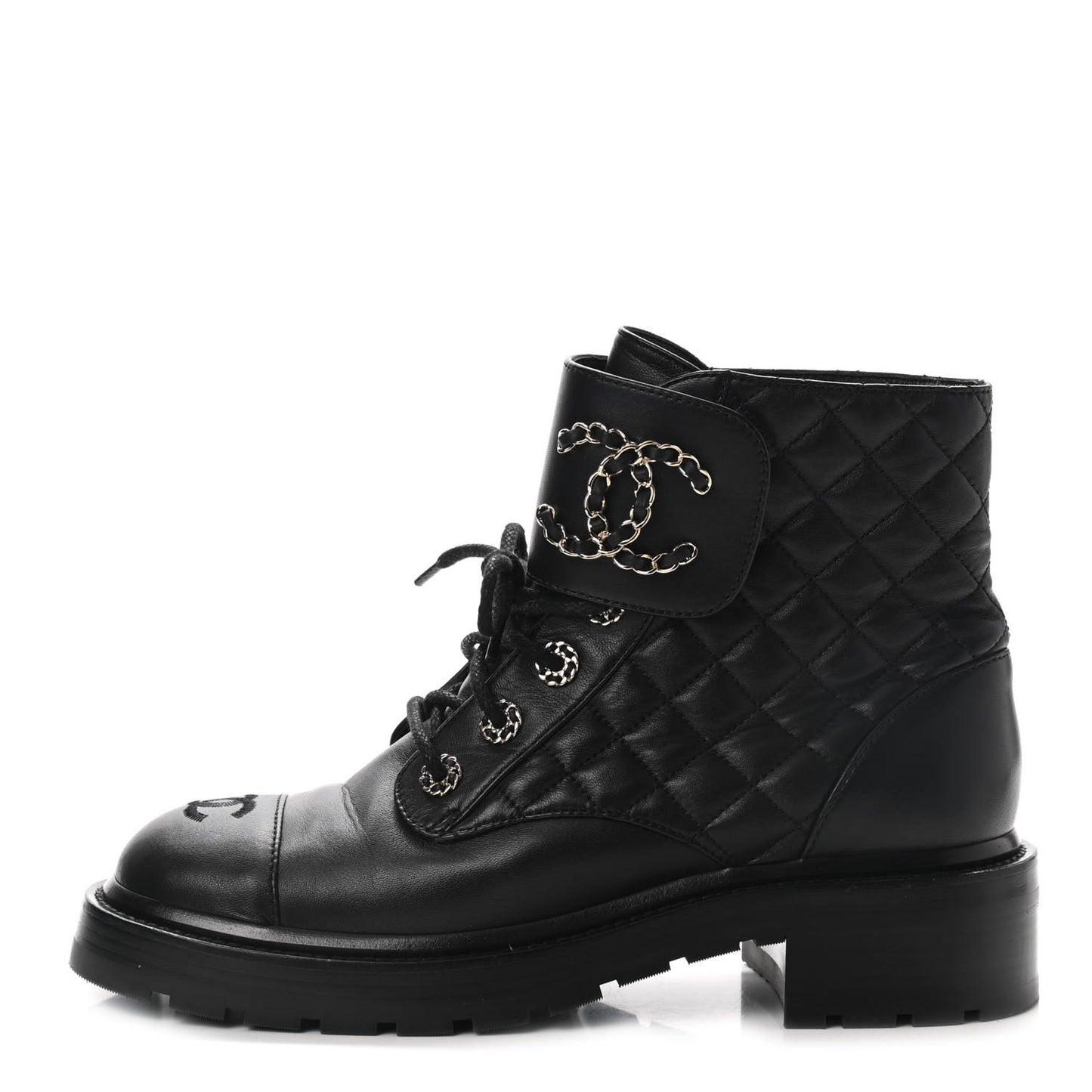 Shiny Lambskin Quilted Lace Up Combat Boots 39 Black