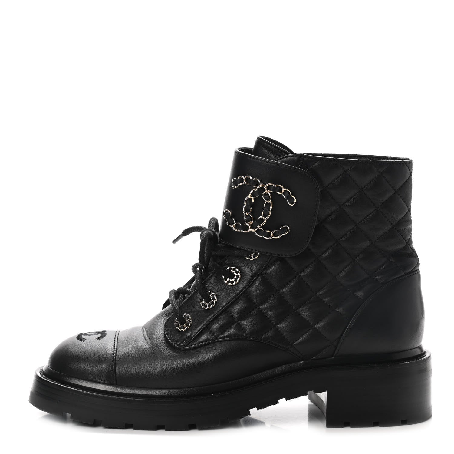 Chanel Shiny Lambskin Quilted Lace Up Combat Boots 39 Black 1 of 8