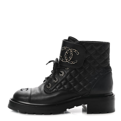 Chanel Shiny Lambskin Quilted Lace Up Combat Boots 39 Black 1 of 8