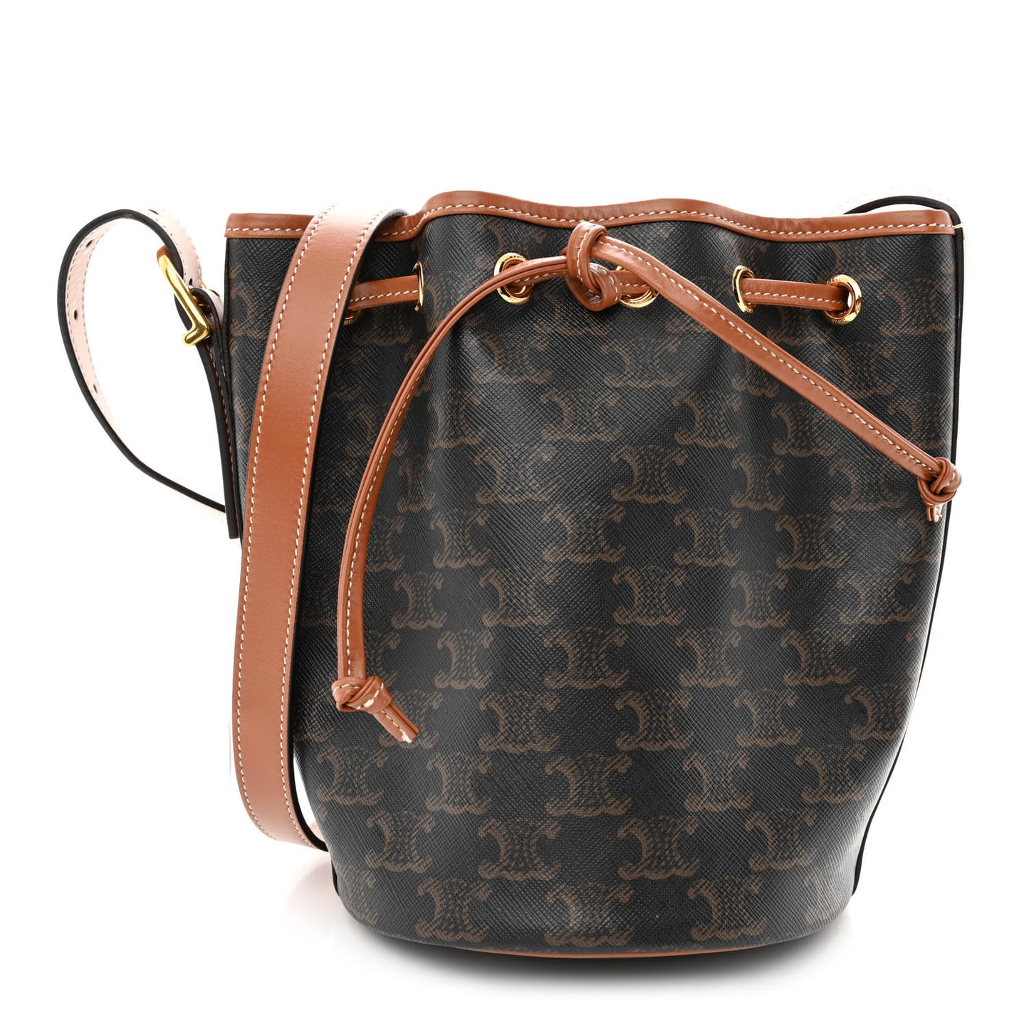 Triomphe Canvas Calfskin Small Drawstring Bucket Bag Tan