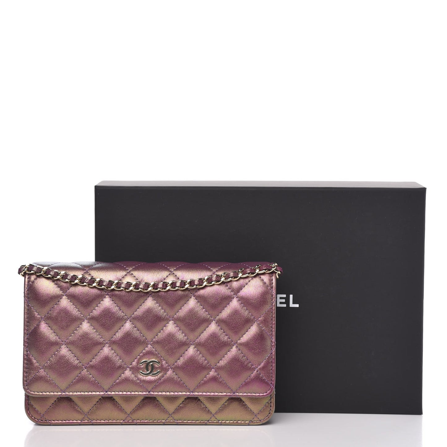 Iridescent Lambskin Quilted Wallet On Chain WOC Purple