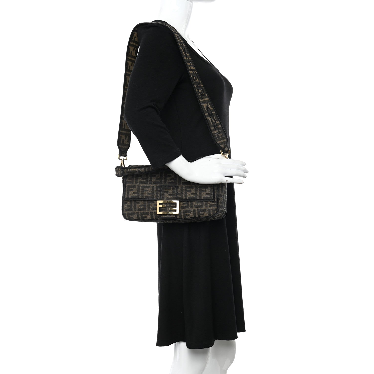 Fendi Fabric Jacquard FF 1974 Medium Baguette Tobacco Moro Black 2 of 11