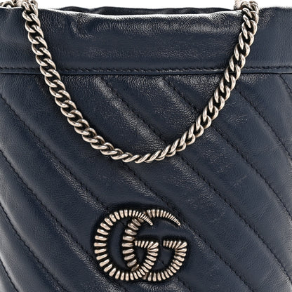 Gucci Vintage Effect Calfskin Matelasse Diagonal Mini Torchon GG Marmont 2.0 Bucket Bag Blue Agata Mystic White 8 of 10