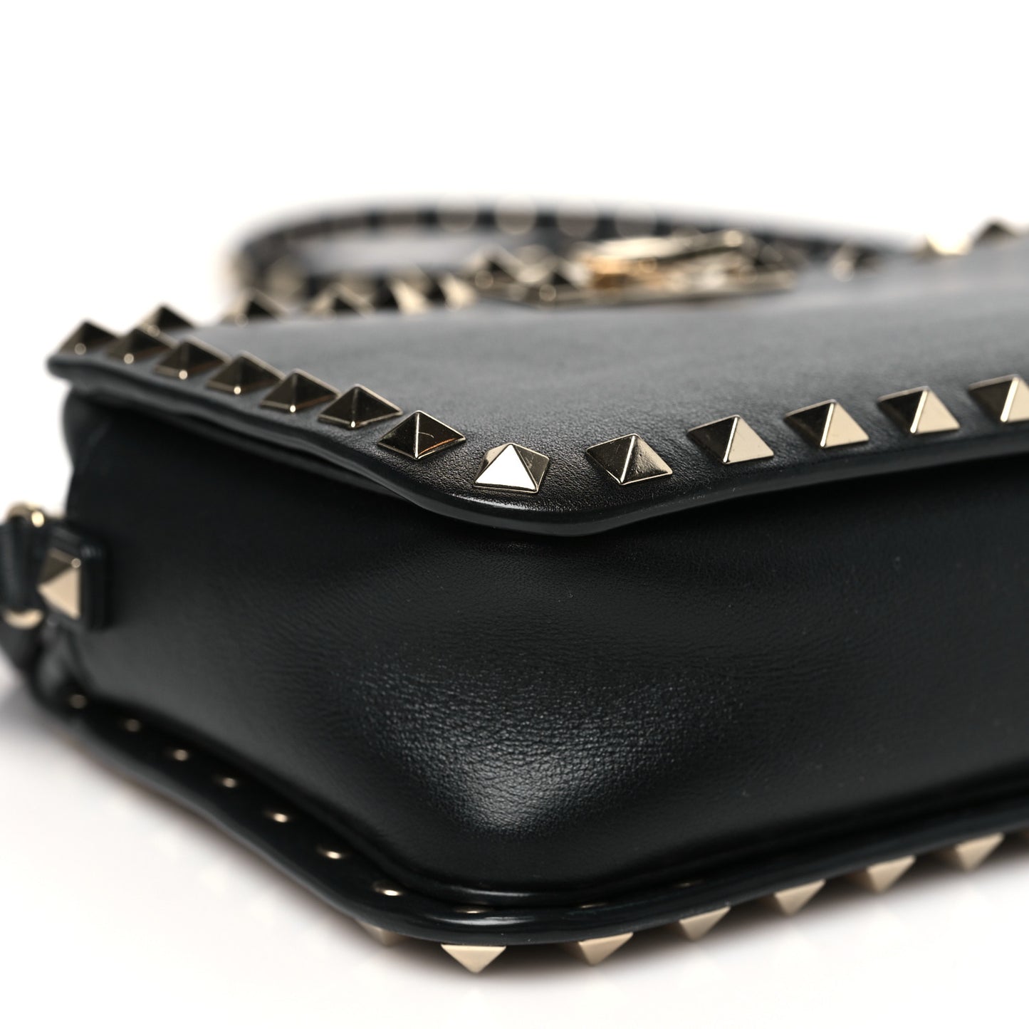 Grained Calfskin Rockstud Flip Lock Camera Crossbody Bag Black