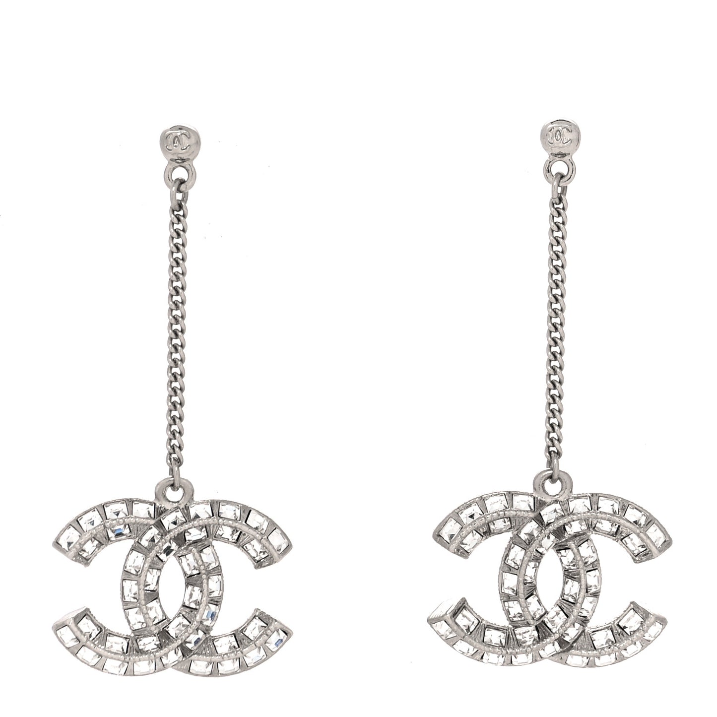 Baguette Crystal CC Drop Earrings Silver