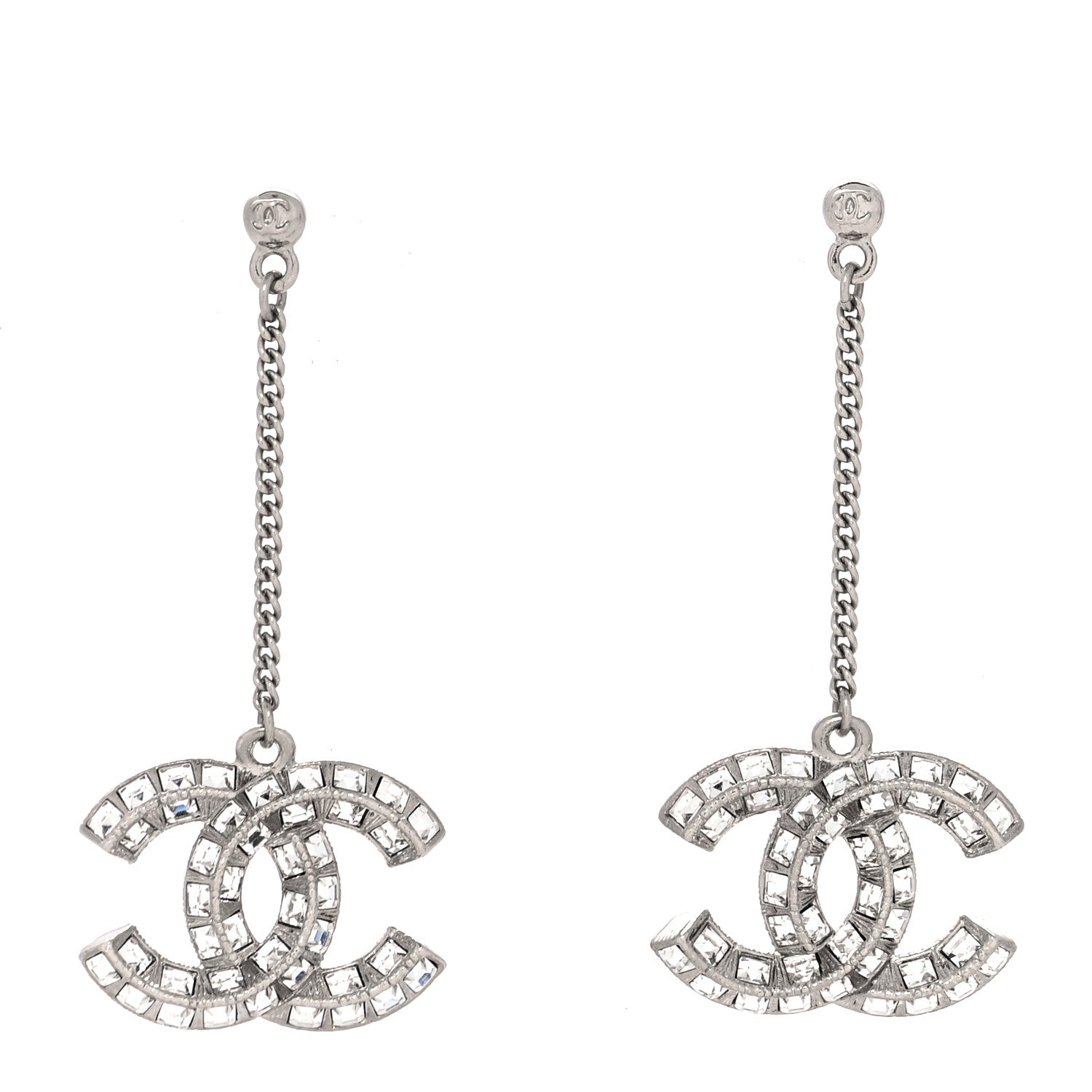 Chanel Baguette Crystal CC Drop Earrings Silver 1 of 4