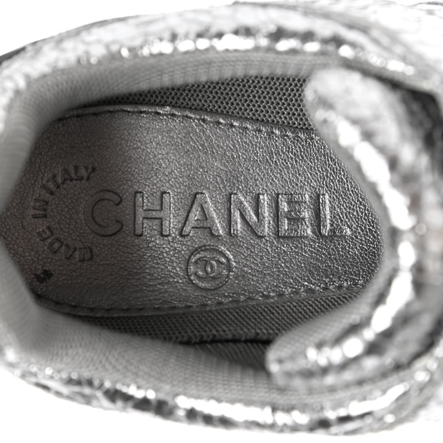 Metallic Crackled Calfskin CC Sneakers 37 Silver Black Navy