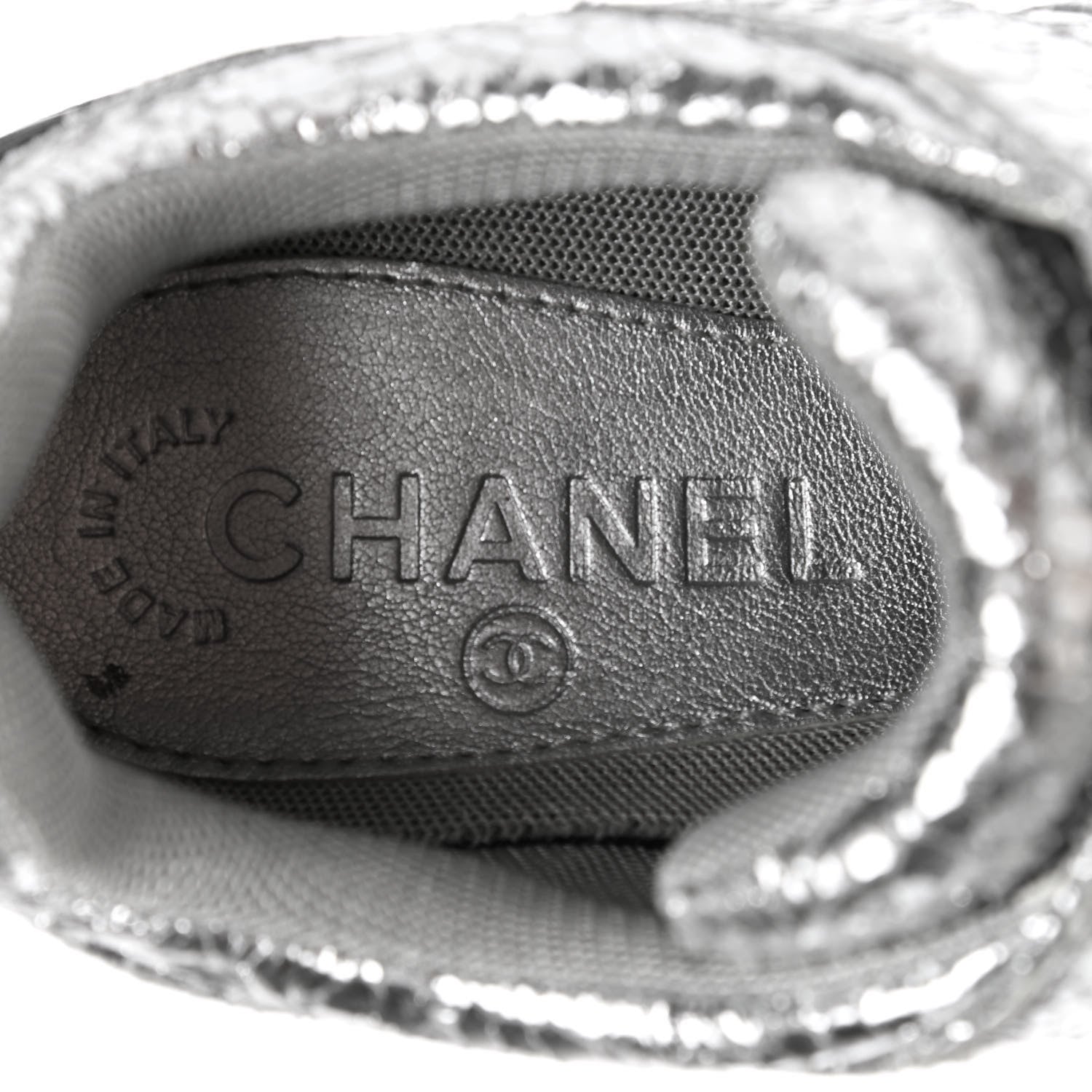 Chanel Metallic Crackled Calfskin CC Sneakers 37 Silver Black Navy 7 of 8