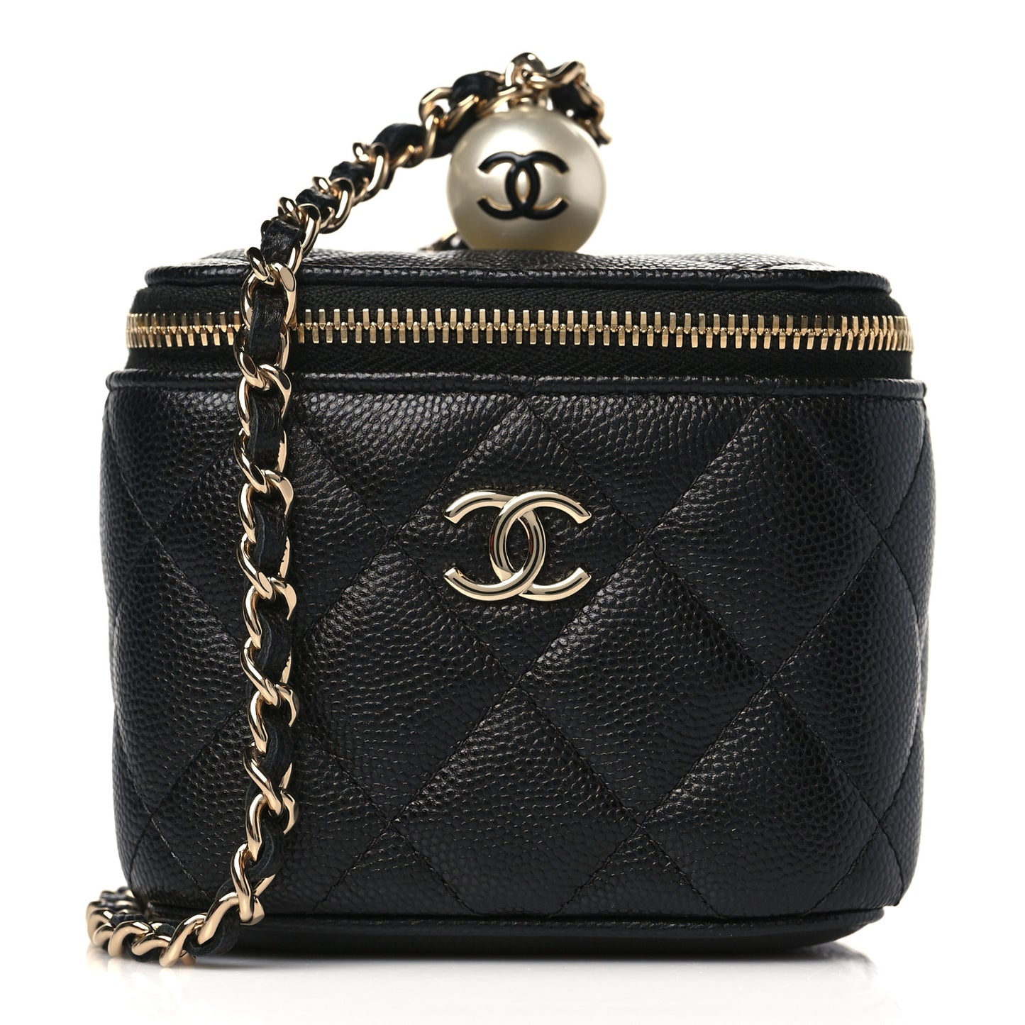 Caviar Quilted Mini Pearl On Top Vanity Case With Chain Black