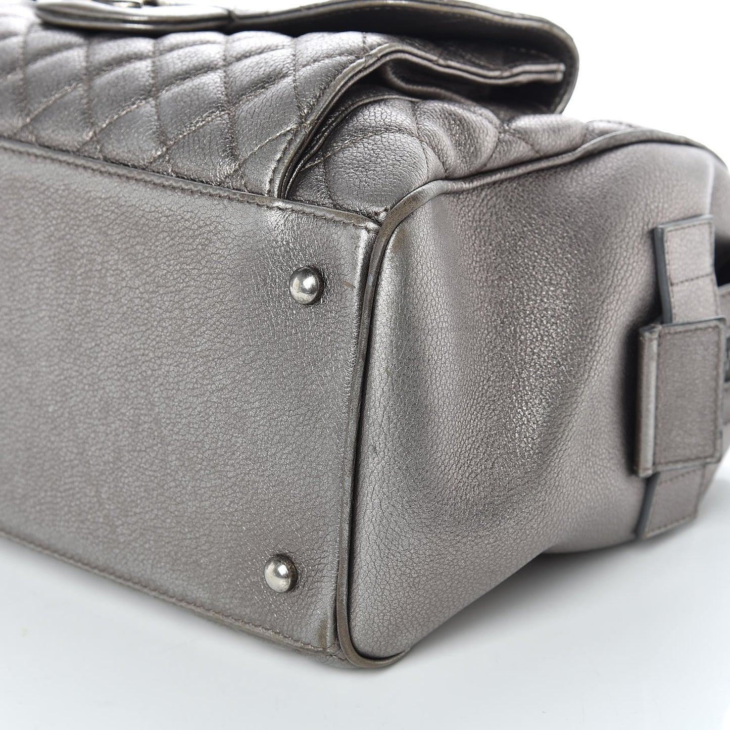 Metallic Grained Calfskin Quilted Large Casual Pocket Bowling Bag Silver
