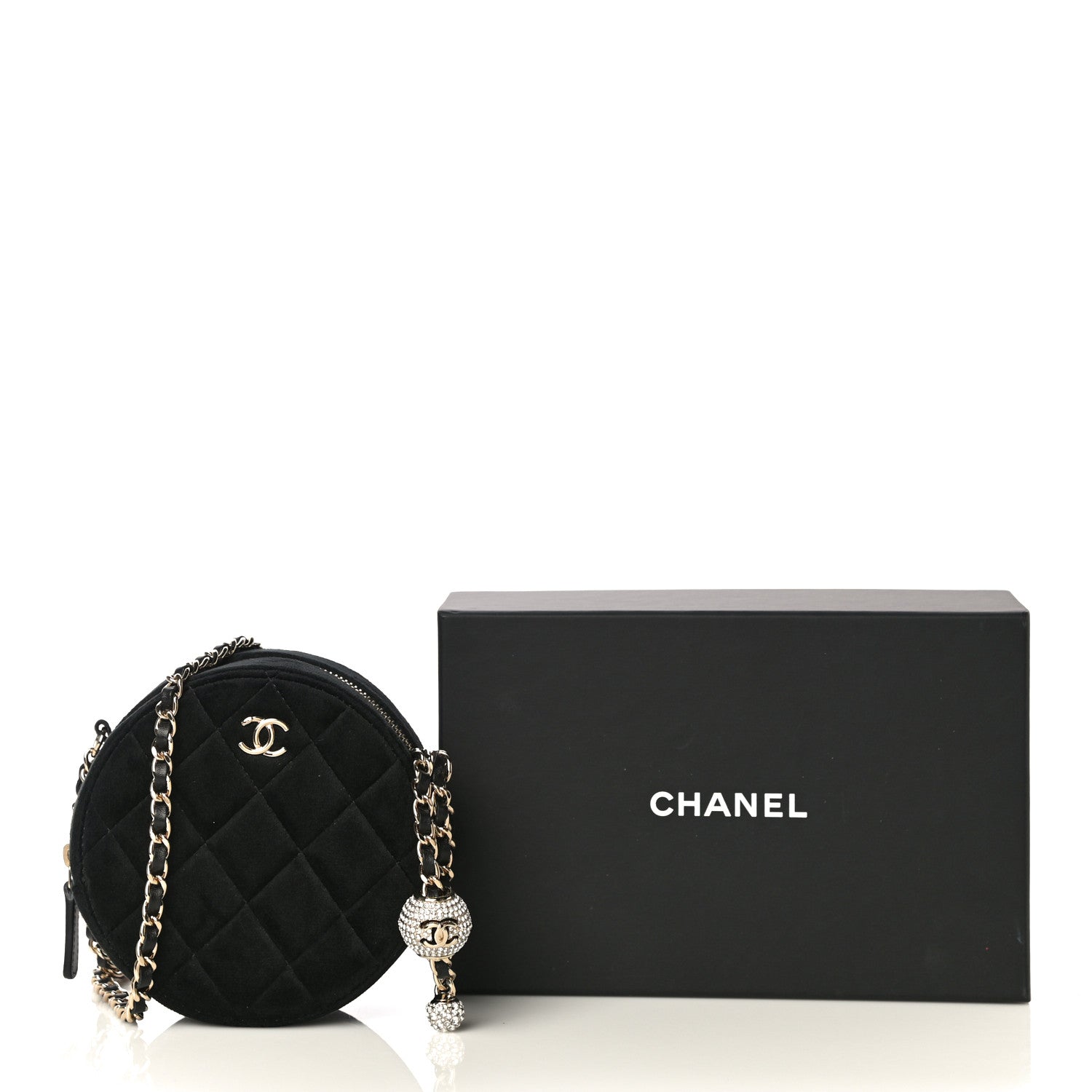 Chanel Velvet Quilted Pearl Crush Round Clutch With Chain Black 10 of 10