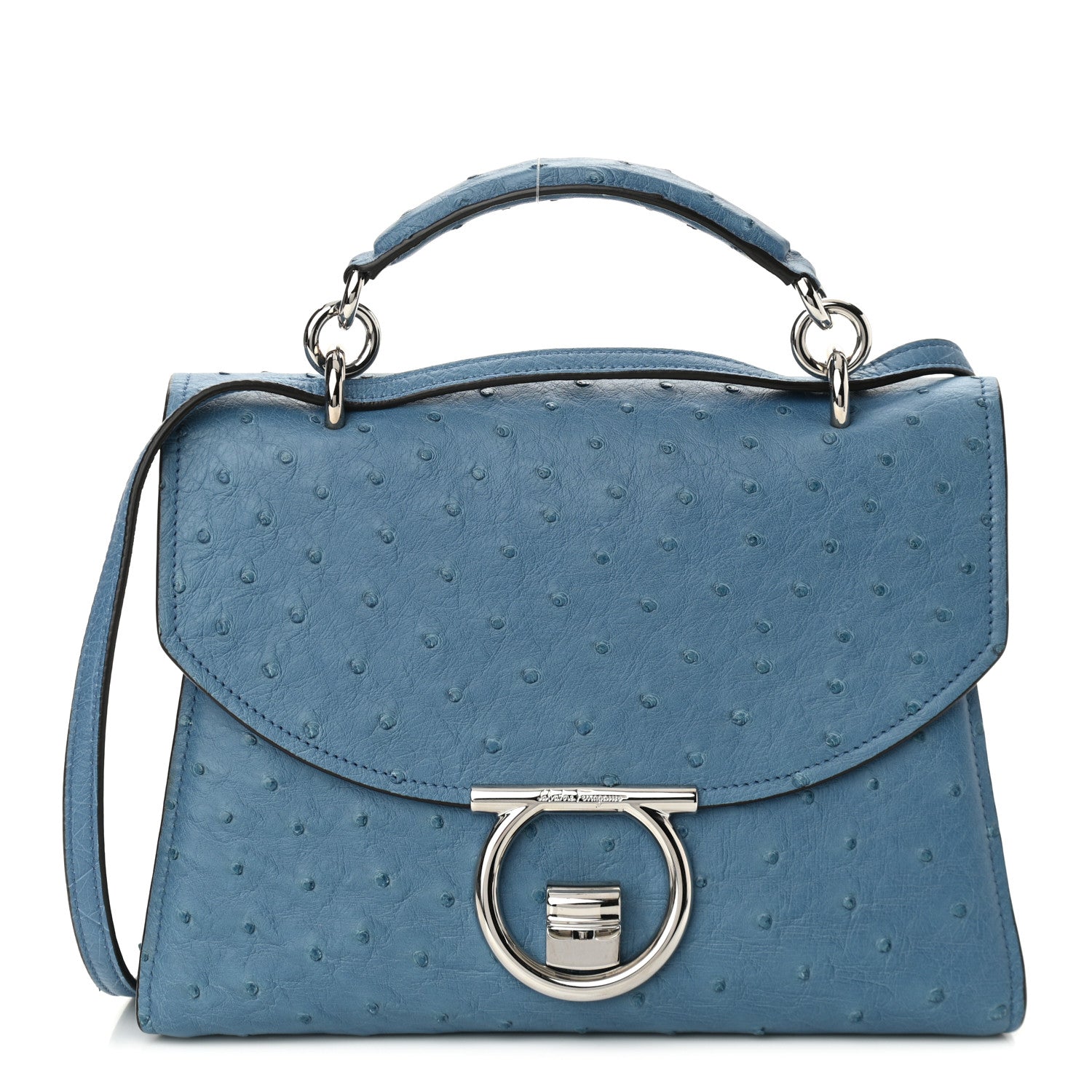 Salvatore Ferragamo Ostrich Gancini Top Handle Satchel Chambray Neutral 1 of 9