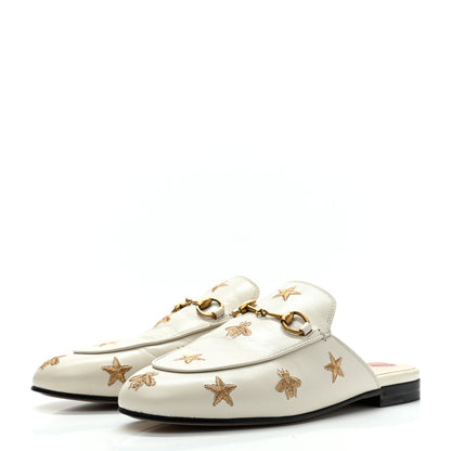 Gucci Goatskin Bee Star Embroidered Womens Princetown Slippers 38 Mystic White 3 of 8
