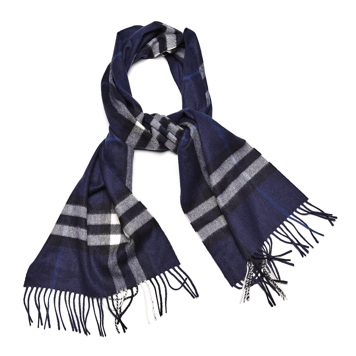 Cashmere Giant Check Fringe Scarf Blue