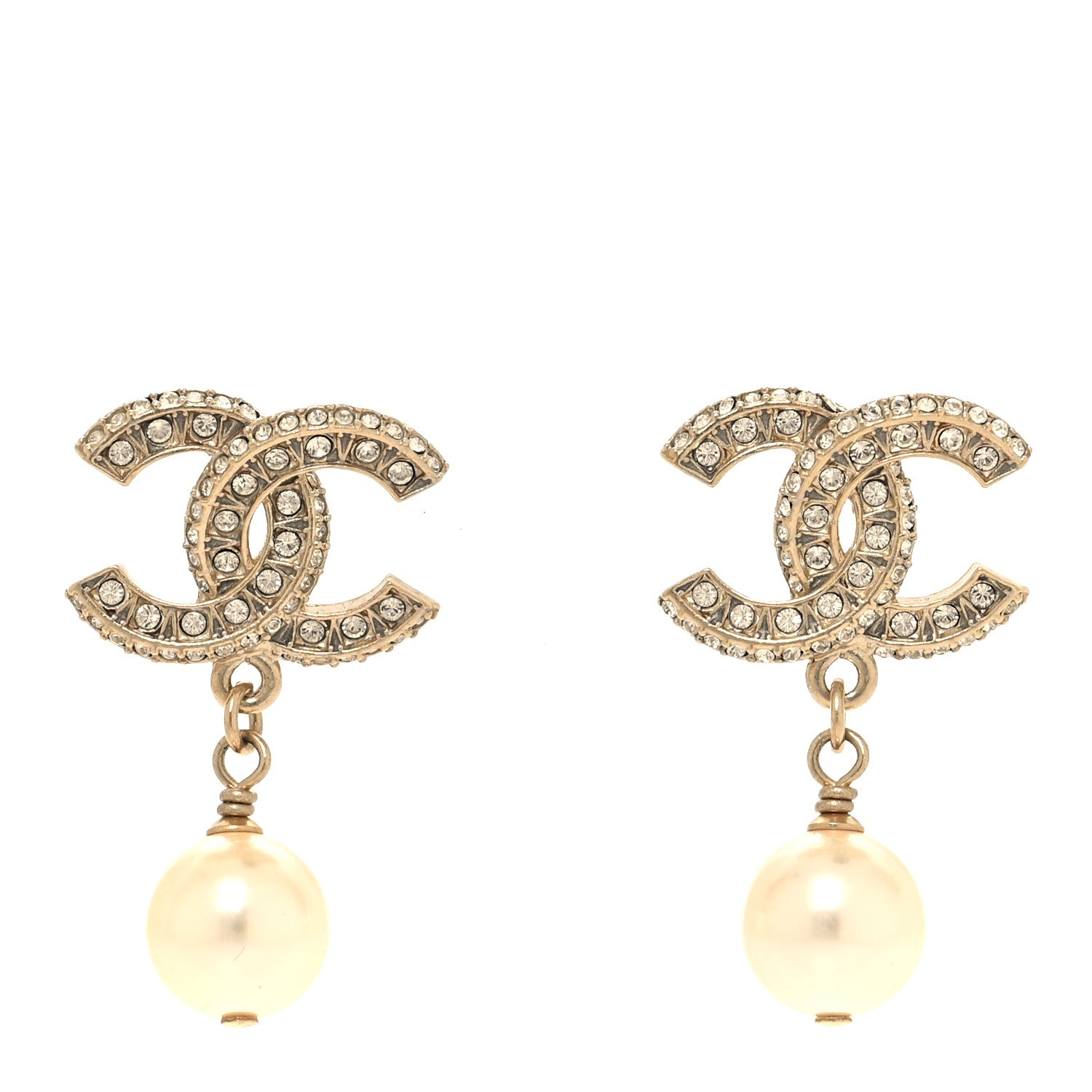 Chanel Crystal Timeless CC Pearl Drop Earrings Light Gold 1 of 4