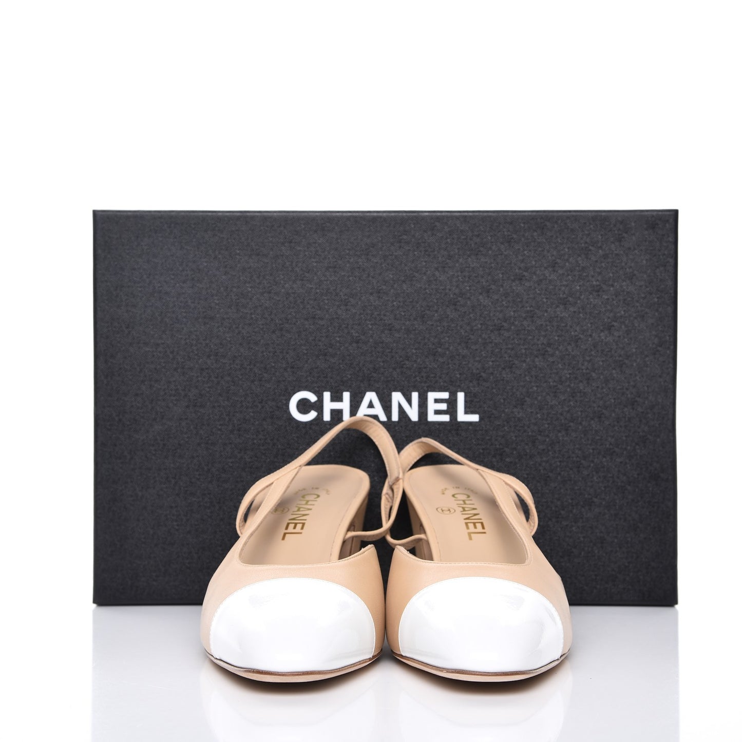 Lambskin Patent Cap Toe CC Slingback Sandals 41 Beige White