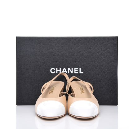Chanel Lambskin Patent Cap Toe CC Slingback Sandals 41 Beige White 9 of 9
