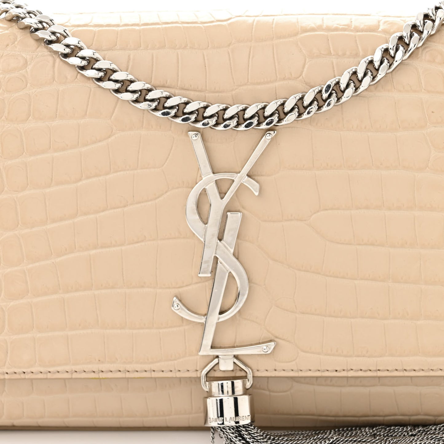 Calfskin Crocodile Embossed Small Classic Monogram Kate Tassel Satchel Nude Powder