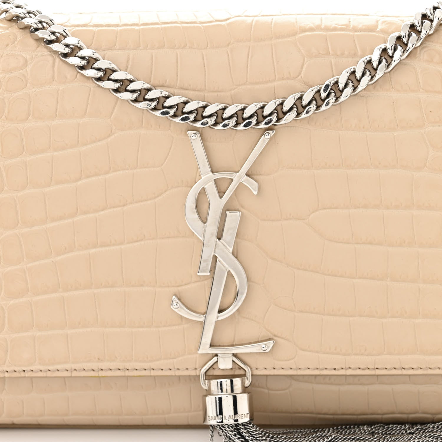 Saint Laurent Calfskin Crocodile Embossed Small Classic Monogram Kate Tassel Satchel Nude Powder 8 of 10