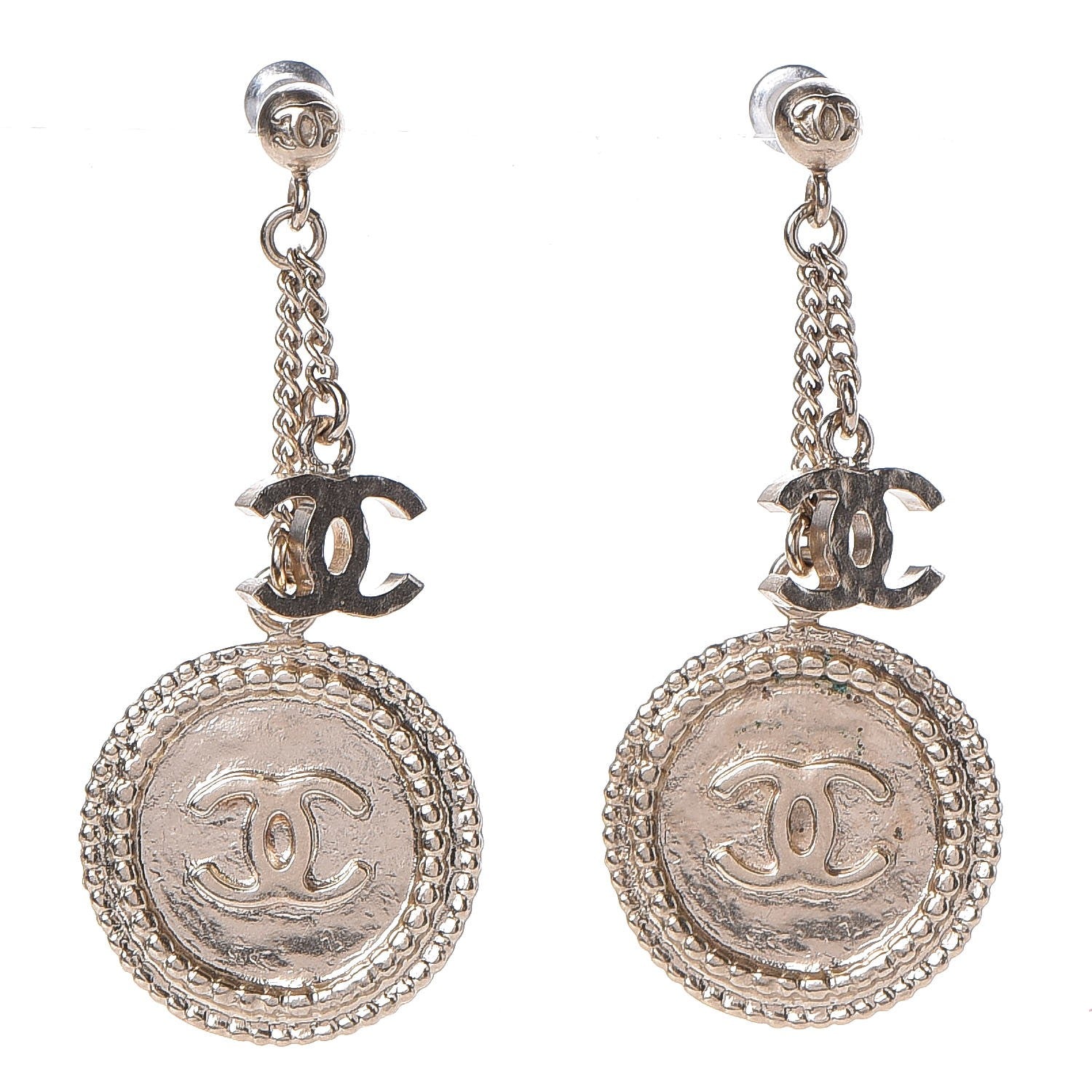 Chanel Medallion Clover CC Drop Earrings Light Gold 1 of 5