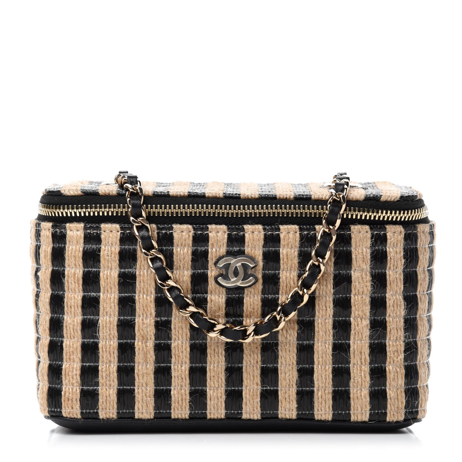 Chanel Raffia Jute Striped Small Vanity Case With Chain Black Beige 1 of 11